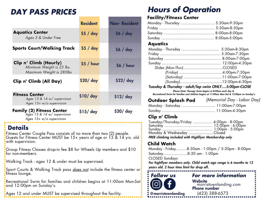 Day Pass Pricing at Morristown Landing 2026
